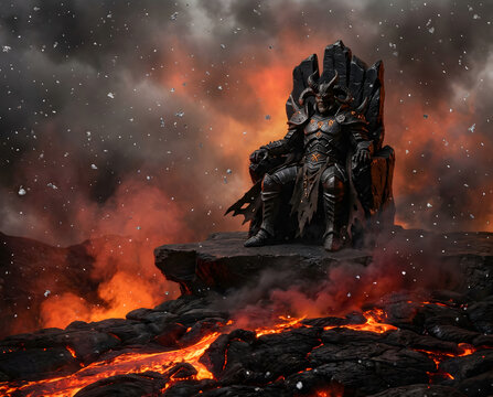 Fantasy character on a throne in a volcanic landscape with fiery lava and dark clouds