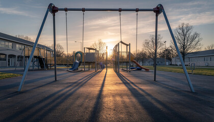 Empty playground with swings and slides at sunset in a residential area.