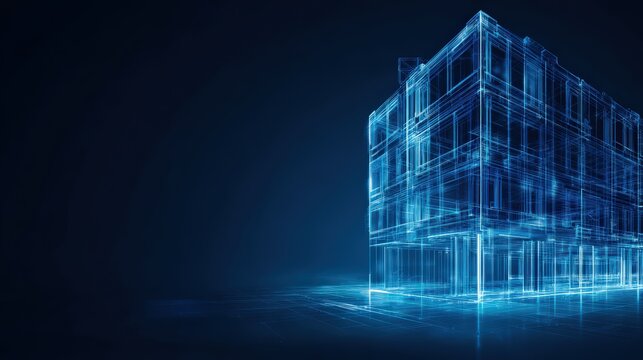 Futuristic Building Blueprint Illuminated in Striking Blue Lines Against a Dark Background. ..Created with Generative AI, not depicting real subjects.