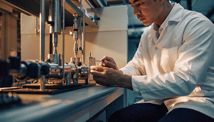 Scientist in a lab working with precision instruments and machinery.