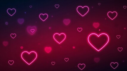 Bright pink neon heart outlines move gently across a dark magenta and deep blue gradient background creating an abstract and romantic digital looping animation perfect for celebrations.