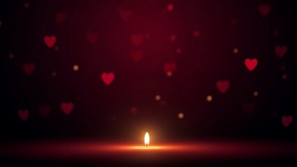 Single flickering candle illuminates a dark romantic atmosphere filled with soft bokeh hearts and glowing particles suggesting deep love celebration or Valentine's day background ambiance