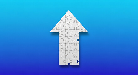 White puzzle pieces forming an upward pointing arrow against a blue gradient background