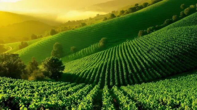 Rolling green hills covered in vineyard rows under a golden sunset.