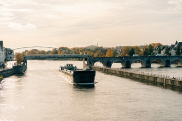 Panorama of Waterfront on the Meuse Maas river with a focus on the Sint Martniuskerk, Maastricht Netherlands - 2 oct 2025