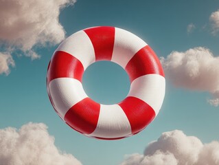 Floating red/white life preserver ring against a blue sky with clouds