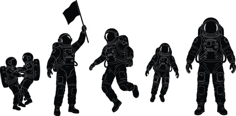 astronaut silhouette collection, space explorer figures, cosmic mission activity poses, space suit illustration set, astronauts walking floating celebrating in outer space design © LITON WORLD