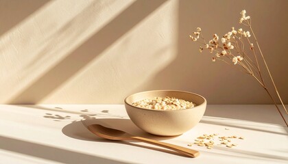 National Oatmeal Month Celebration Featuring Clean and Minimalist Healthy Breakfast Bowl with Wooden Spoon
