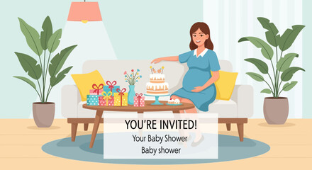 Fototapeta premium Woman Inviting to Baby Shower Party.