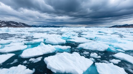 A serene view of fragmented icebergs floating on a tranquil sea, beneath an overcast sky, showcasing the beauty of nature"s icy landscapes.