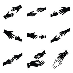 Obraz premium Hand reaching and helping gestures as black silhouette icons