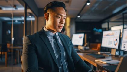 Professional man in formal attire working in a modern office environment.