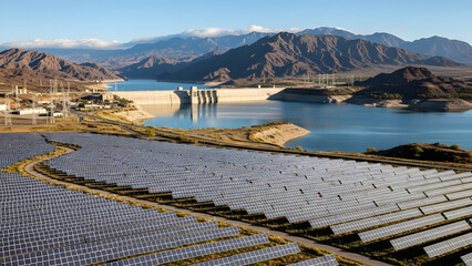 A large solar panel farm situated near a serene lake and majestic mountains under a clear blue sky