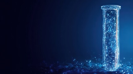 An ethereal glass test tube stands radiant against a deep blue backdrop, it's illuminated, sparkling, signifying innovation. ..Created with Generative AI, not depicting real subjects.