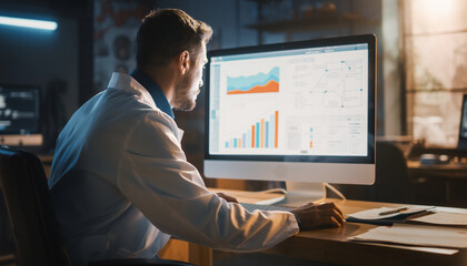 Man analyzing data on a computer with various charts and graphs.