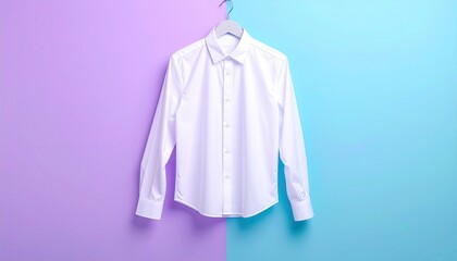 White shirt hangs against purple and blue background
