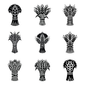 Wheat sheaves icons in black silhouette for agriculture and harvest