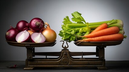 Vegetables on kitchen weighing scales.
