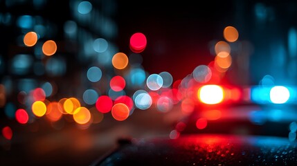 Defocused night scene with colorful bokeh lights and a hint of emergency vehicle flashes
