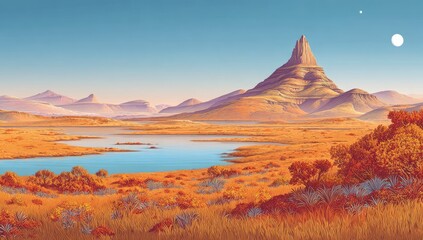Arid landscape with a striking mesa and a calm body of water under a clear sky.