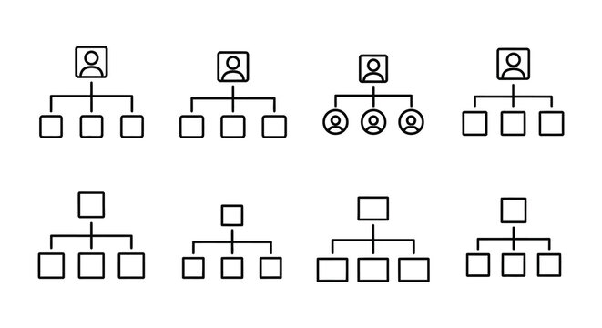 Four rows of organizational chart icons depicting hierarchical structures as a clean silhouette