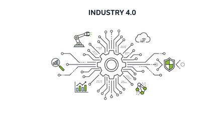 A futuristic illustration of industry 4.0 showcasing technology, innovation, automation, machinery, and robotics in a modern setting