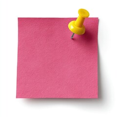 Pink sticky note pinned with yellow pushpin, casting shadow on white background