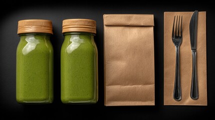 Two green smoothies in glass jars beside a paper bag and cutlery.