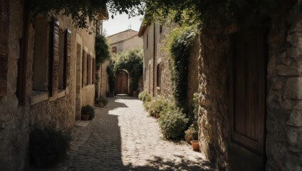 Fototapeta premium Picturesque Alleyway in Ancient Village with Stone Buildings.