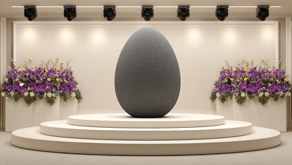 A large, textured gray egg sits on a tiered pedestal with flowers.