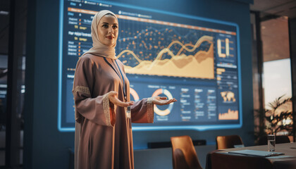 Woman in traditional attire presenting data analysis in a modern conference room.