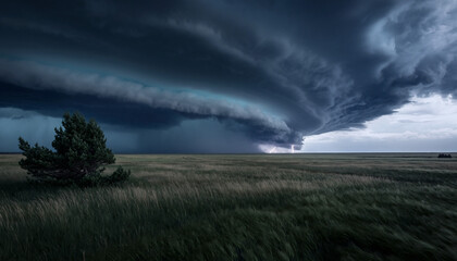 Powerful storm with dark clouds, lightning, and a storm rolling over open land.