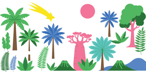 colorful tropical jungle landscape illustration with palm trees, exotic plants, volcano hills, pink baobab tree, sun and shooting star decorative nature vector © LITON WORLD