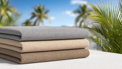 Stacked fabrics in neutral tones sit against a tropical backdrop.