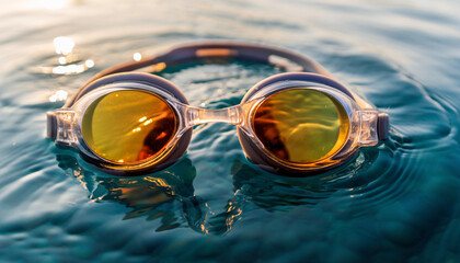 goggles floating on the water during sunny day, water sports or swimming activity.