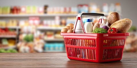 Red basket of groceries on wooden table, blurred store shelves behind it
