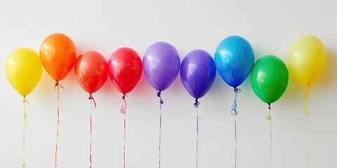 Rainbow balloons line against a white backdrop with ribbons hanging below them