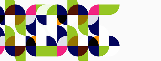 Obraz premium Abstract geometric pattern. Circles, semicircles, petals create colorful design. Modern aesthetic, vibrant hues, simple shapes.