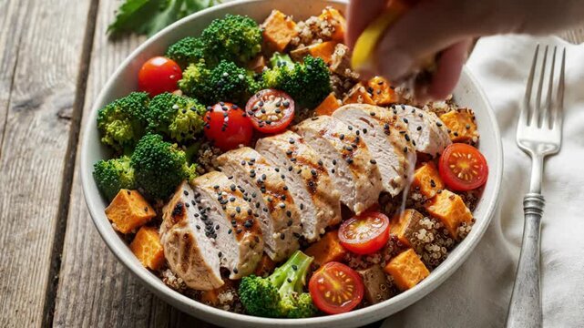 A hand squeezes lemon over a vibrant, healthy meal bowl featuring grilled chicken, quinoa, broccoli, sweet potatoes, and cherry tomatoes.