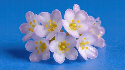 Delicate light purple flowers with yellow stamens bloom against a blue background.