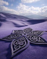 Intricate celtic knot flower emblem rests on sparkling purple sand dunes.