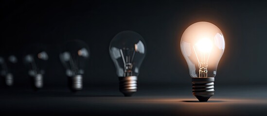 Row of dim bulbs with a bright bulb representing idea/inspiration