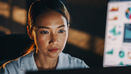 Woman focused on computer screen with data charts in a dimly lit room.