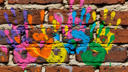 A vibrant and colorful graffiti artwork on a red brick wall with handprints of various colors