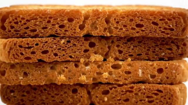 A stack of crispy, golden-brown rusks with scattered crumbs on a clean white background, perfect for breakfast or a snack.
