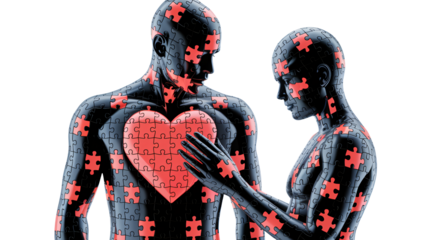 Couple with puzzle pieces forming heart in dark silhouetted style with red accents in conceptual illustration for mental health awareness