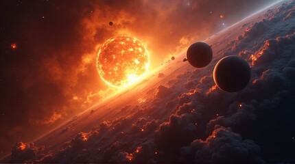 Cataclysmic celestial event depicts a massive sun erupting near a scorched planet and orbiting moons