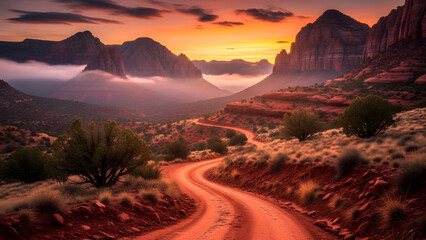 A winding dirt road leads through a desert landscape with mountains at sunset