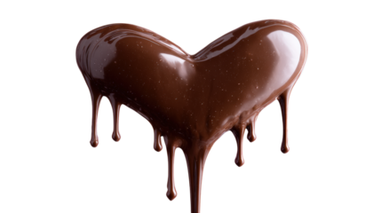 Dark chocolate heart candy with liquid flowing and dripping on transparent background