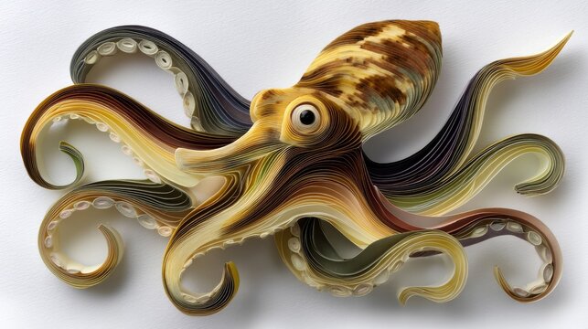 Colorful cartoon-style cut paper octopus with detailed textures and vibrant hues on a clean background
